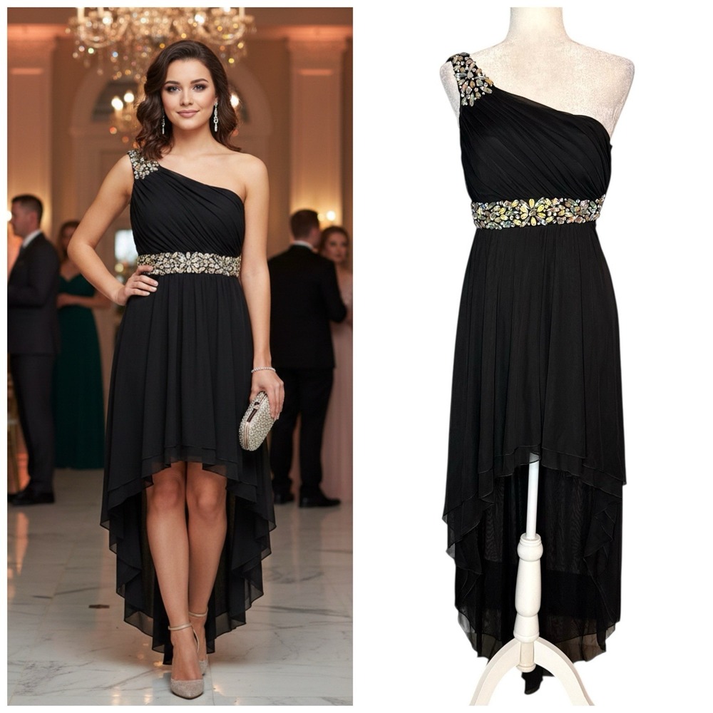 Y2K City Triangles 3 Formal Gown Embellished One Shoulder Hi Low Dress Evening